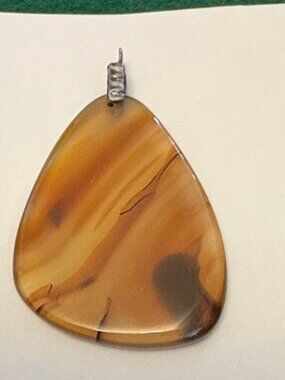 Vintage Triangular Carnelian Agate Pendant With Silver Plated Bail Bonus: Ribbon